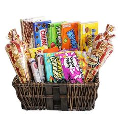 a basket filled with lots of different types of candy