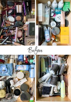 there are two pictures of the inside of a drawer full of makeup and personal care items