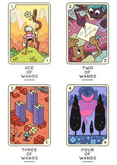 four different tarot cards with the names of each card