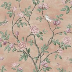 a pink wallpaper with flowers and birds on it