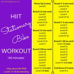 a yellow and purple workout schedule with the words hit stationary bike workout 40 minutes to go