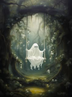 a painting of a ghost on a swing in the woods