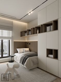 a bedroom with a bed, bookshelf and window in the corner next to it