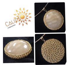 three pictures of white and gold pendants on a black background with the caption called calipea