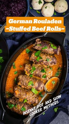 german rouladen stuffed beef rolls in a skillet