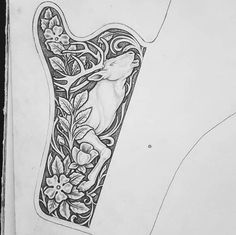 a pencil drawing of a vase with flowers and leaves on it's side, in the shape of a hand