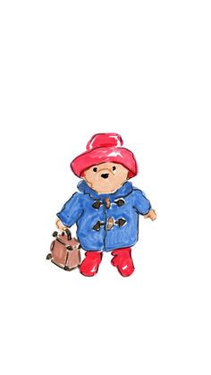 a drawing of a teddy bear wearing a red hat and blue coat holding a bag