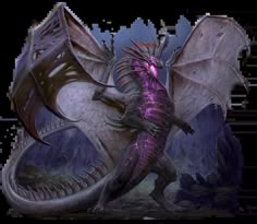 a purple and black dragon sitting on top of a rock