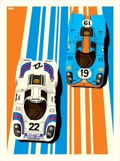 two race cars sitting side by side on top of a blue and orange striped background