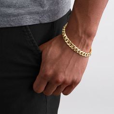 Perfect all your favorite casual or dressy looks with minimal effort when you wear this 10K gold Cuban curb chain bracelet for men. Crafted in warm 10K gold This classic Cuban curb chain shines with 9.2mm-wide polished links for a slightly bolder look. The 9.0-inch bracelet secures with a lobster claw clasp. Cuban Bracelet Men, Men Gold Bracelet, Gold Bracelet Men, Gold Bracelets For Men, Cuban Link Bracelet, Accessory Inspo, Clothing Wishlist, Curb Chain Bracelet, Flannel Fashion