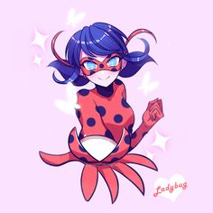 a ladybug girl with blue hair and glasses