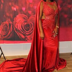 Steal The Show With This Red Custom Gown With Train Cape Red Gown With Cape, Gown With Cape, Custom Gown, Red Gowns, Lady In Red, Red Color, Cape, Prom Dresses, Prom