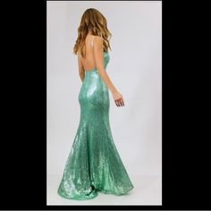 Pretty Light Green Sequins Gown With Open Back New With Tags Green Sequined Sleeveless Gown, Green Sequin Gown, Green Sequined Floor-length Maxi Dress, Green Embellished Floor-length Mermaid Dress, Sequins Gown, Dress With Open Back, Green Sequins, Pretty Lights, Gown Dress