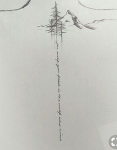 a pencil drawing of trees with mountains in the background