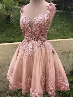 Pink Homecoming Dresses, Pink Lace Shorts, Engagement Party Dresses, Vestidos Color Rosa, Homecoming Dresses Lace, A Line Prom Dress, Floral Prom Dresses, Tulle Homecoming Dress, Pink Homecoming