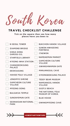 the south korea travel checklist challenge is shown in red and white with an arrow