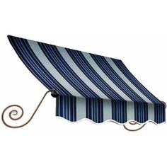 a blue and white striped awning with a metal hook on the side of it