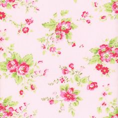 pink and green floral print fabric with red flowers on white background for upholstering