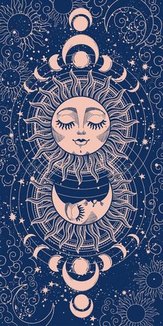 the sun and moon are depicted in this art nouveau style drawing, which is done by hand