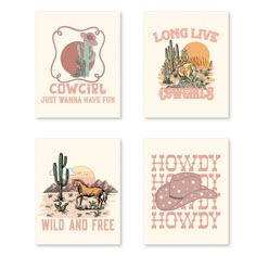 four postcards with wild and free designs in pink, white, and orange colors