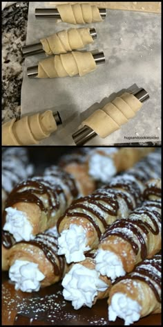 there are several different types of pastries on the table and one is filled with whipped cream