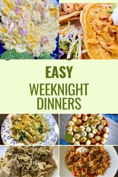 the cover of easy weeknight dinners is shown with pictures of different foods and vegetables