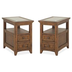 two wooden end tables with glass tops