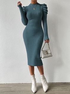 Ribbed Knit Bodycon Dress, Gigot Sleeve, Preppy Prom, Trendy Business Casual, Business Formal Dress, Bodycon Dress With Sleeves, Formal Dresses Gowns, Puff Long Sleeves, Body Con Dress