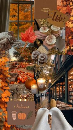 a collage of photos with pumpkins, leaves, and coffee in the background