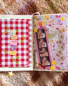 an open scrapbook with pictures and words on the pages that spell out happy birthday