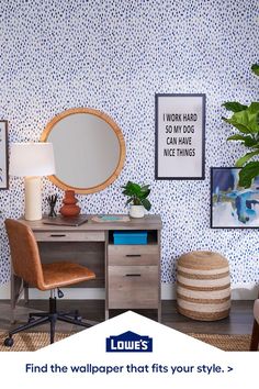 a desk with a mirror, lamp and pictures on the wall above it that says find the wallpaper that fits your style