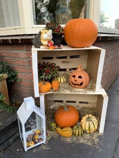 pumpkins and gourds sit on display in front of a house