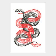 a red and black snake on white paper with the letter e in it's center