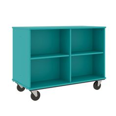 a blue shelf with four shelves and wheels on the bottom one is empty, while the other is closed