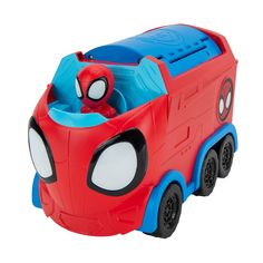 a spiderman toy bus is shown on a white background, with the vehicle in the shape of a car