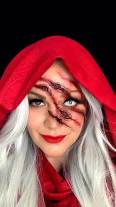 Burnt Makeup Halloween, Gory Glam Halloween Makeup, Red Riding Hood Sfx Makeup, Womens Halloween Costume Ideas Scary, Slasher Victim Makeup, Creepy Red Riding Hood Costume, Scary Red Riding Hood Costume, Half Zombie Face Makeup, Vampire Sfx Makeup