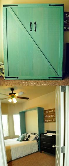 the before and after pictures show how to paint an old barn door into a bedroom