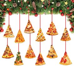 a bunch of different types of pizza hanging from a christmas tree with decorations on it