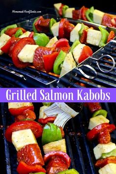 grilled salmon kabobs with peppers and cheese on the grill, ready to be served