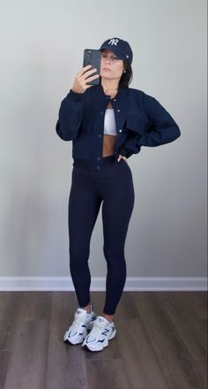 all navy outfit | cropped bomber jacket #ad Navy Blue Athleisure Outfit, Satin Bomberjack Outfit, Navy Sneakers Outfit, Cropped Bomberjack Outfit, All Navy Outfit, New Balance Sea Salt, Short Jacket Outfit