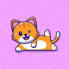 an orange and white cat laying on top of a pink background