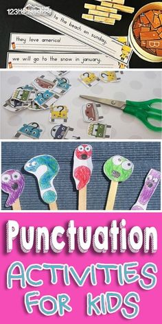 the words punctulation activities for kids are shown in this collage with pictures