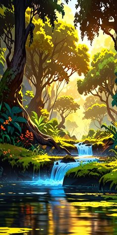 a painting of a river running through a lush green forest