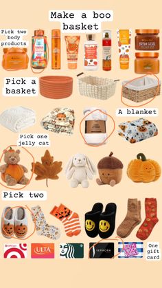 a poster with many different items and words on it that include pumpkins, shoes, socks