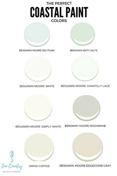 some white paint colors with the words coastal paint colors on them and below it, there are