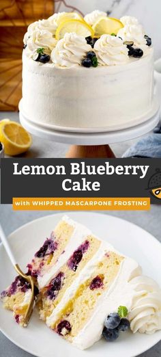 a lemon blueberry cake with whipped mascarpone frosting on a white plate