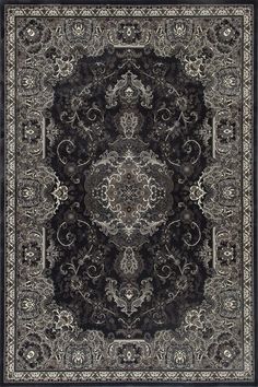 a black and white rug with an ornate design on the center, in front of a gray background