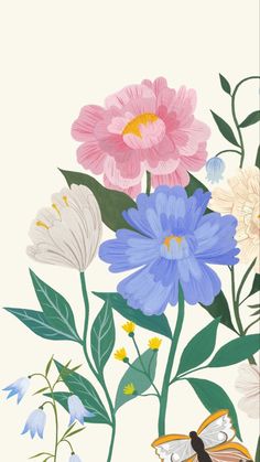 a painting of flowers and butterflies on a white background with blue, pink, yellow and green leaves