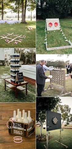 many different pictures of people playing games in the park and on the lawn, including beer cans