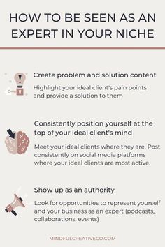 an info sheet with the words how to be seen as an expert in your niche